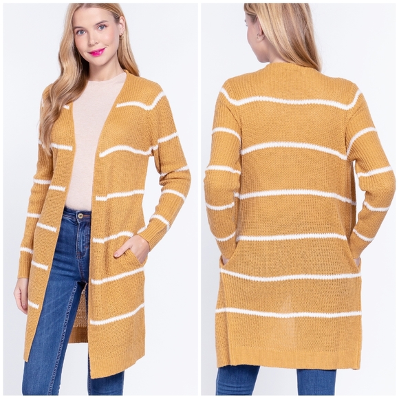 LAST 1❗️Cozy Chic Ochre Striped Longline Open Cardigan - Picture 7 of 7